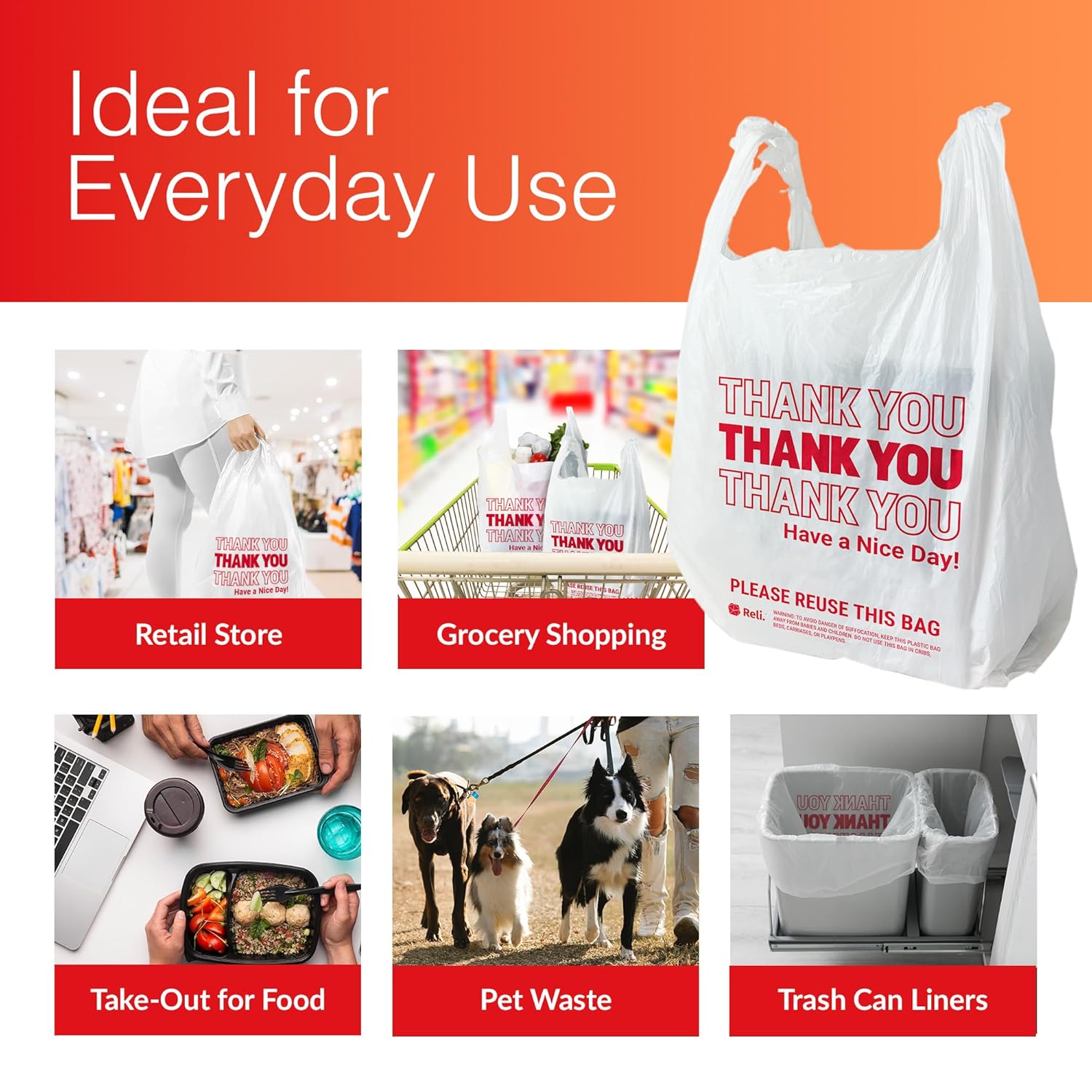 Reli. Plastic Bags Thank You (1050 Count) | White Grocery Bags with Handles | Shopping (Plastic)